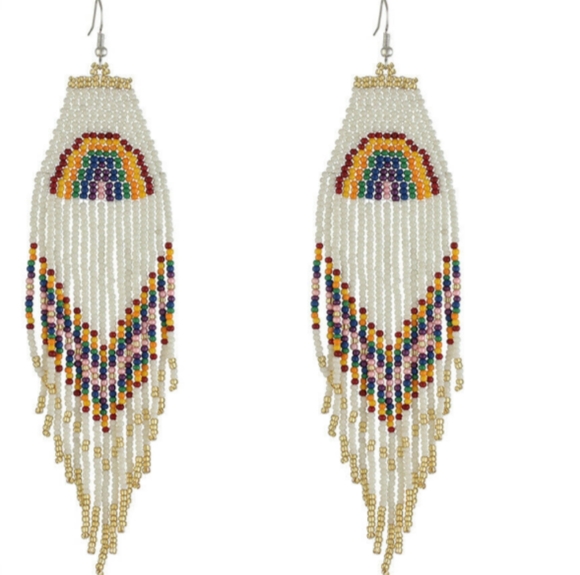 Long 5.5" Rainbow Multicolor & White Earrings Colorful Beaded Oversized Bohemian - Picture 7 of 8